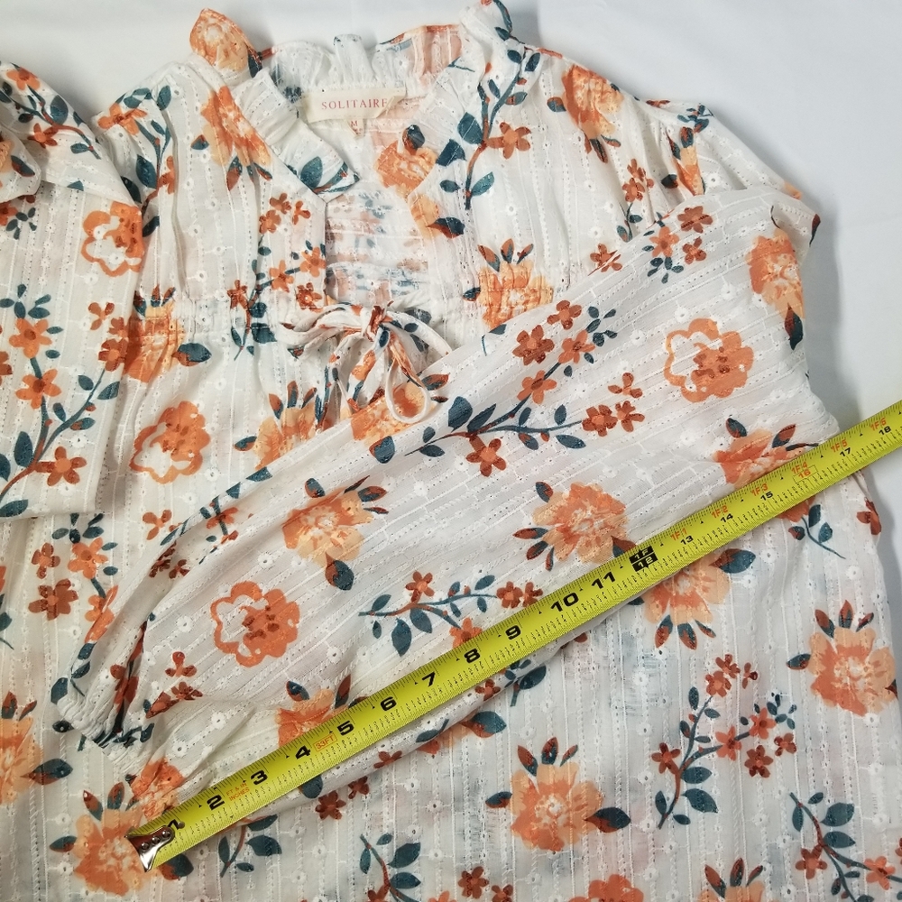 Solitaire Woman Size M Blouse V Neck String Tie Long Sleeve Sheer Floral Pint - Picture 5 of 11